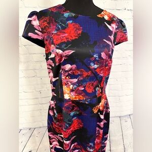 Betsey Johnson Floral Print Knee-Length Dress, Size 12, Cap Sleeves, Watercolors